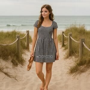 Hollister Gingham Puff Sleeve Mini Dress Scoopneck Y2K Cottagecore Size XS